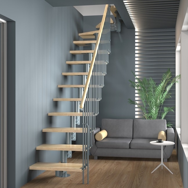 Escalier quart tournant en bois avec structure noire metalisée Escalier quart tournant en bois avec structure noire metalisée